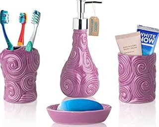 Comfify Designer - 4 Piece Bathroom Accessories Set - With Soap or Lotion Dispenser, Toothbrush Holder, Tumbler and Soap Dish - Glossy Finish (Ocean Waves, Purple) Holds 15.6oz