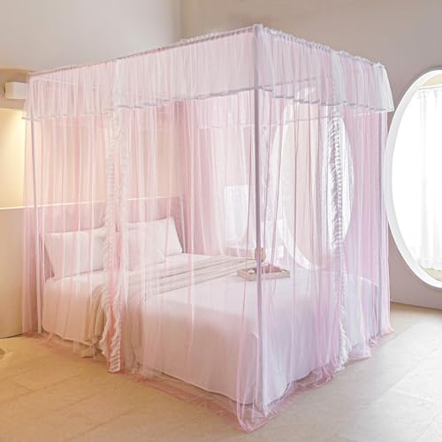 AIKASY 4 Corners Post Ruffle Princess Bed Canopy Curtain - Double Layer Cozy Drape Netting with 4 Openings - Elegant Mosquito Net for Girls and Adults Bedroom Decoration (Pink,Full) - Thumbnail 5