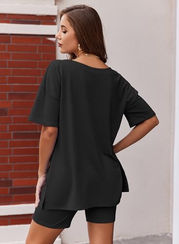 Ekouaer Womens Pajamas 2 Piece Lounge Sets Oversized V Neck T-Shirts Tops Biker Shorts Set Workout Reversible Tracksuit S-XXL4