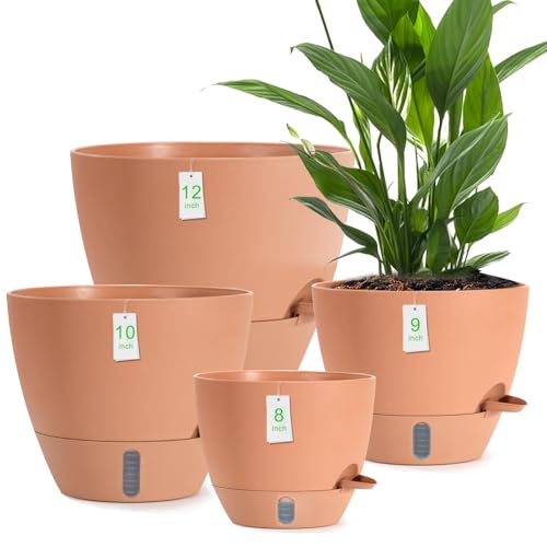 YUNLINGAA 4 Pack Plant Pots 12/10/9/8/ Inch Self Watering Pots for Indoor/Outdoor Plants Deep Reservoir Nursery Planting Pot for Indoor Out Door Plants (Terracotta 12/10/9/8/ Inch)