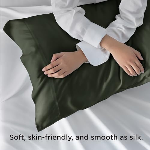 Image of Bedsure Olive Green Pillow Cases Queen Set of 2, Rayon Derived from Bamboo | Cooling Pillowcases, Similar to Silk Pillow Case Covers with Envelope Closure, PureWoven Bedding Gift, 20x30 Inches