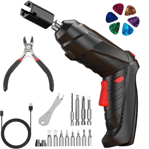 250RPM Guitar String Winder Tool with LED Light, String Cutter, Bridge Pin Puller, 14 Screwdriver Bits and 6 Picks for Electric, Acoustic, Bass, Ukulele and More