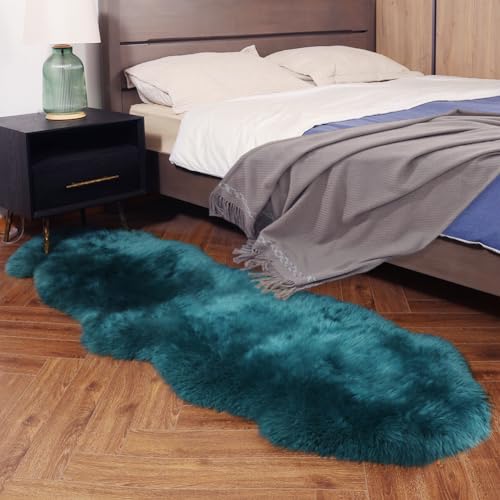Premium Genuine Fur Sheepskin Rug Real Australia Sheepskin Natural Luxury Fluffy Lambskin Fur Area Rug Seat Covers for Kids Bedroom Sofa Chair Cover (Dark Aquamarine, Double Pelt/2ft x 6ft)