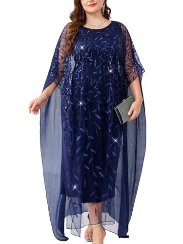 Image of Plus Size Sparkly Formal Evening Gown Sequin Cape Overlay Mother of Bride Dress Wedding Guest Cocktail Party