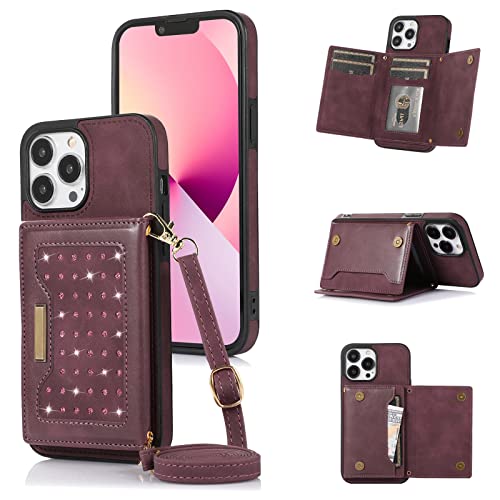 Étui portefeuille iPhone 13 Mini rouge anti-piratage RFID avec bandoulière pour éviter les chutes