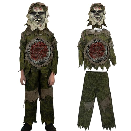 PUIWNON Zombie Costume for Kids Scary Skeleton Zombie Costume Set with Monster Mask for Halloween Role-Playing (Green, Medium)