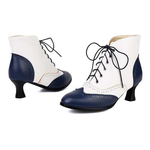 BEAUPAS Women's Vintage Lace-Up Oxford Ankle Boots Kitten Heel Brogue Wingtip3