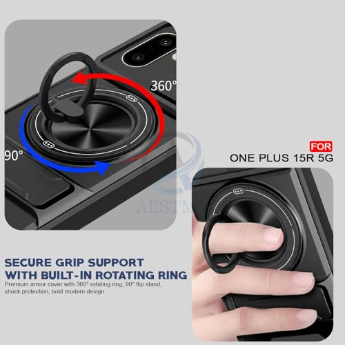 Image of AESTMO OnePlus 15R 5G Back Cover | Armor Camera Slider 360 Degree Rotating Finger Ring Holder Case with Bracket Stand Back Case Cover for OnePlus 15R 5G (Compatible with MagSafe Accessories) (Black)