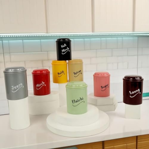 Image of E-COSMOS Set of 8 Plastic Spice Jars (300ml) BPA-Free Kitchen Storage Containers, Multi-Color Airtight Masala Box Set for Spices, Sugar, Haldi, and Mirch