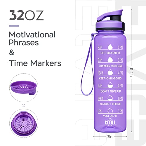 Image of Elvira 32oz Large Water Bottle with Motivational Time Marker & Removable Strainer,Fast Flow BPA Free Non-Toxic for Fitness, Gym and Outdoor Sports