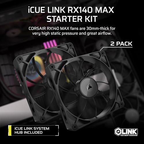 Image of CORSAIR iCUE Link RX140 MAX 140mm PWM Thick Fans with iCUE Link System Hub - High-Static Pressure - Liquid Crystal Polymer - Magnetic Dome Bearing - Dual Pack - Black