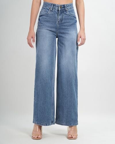 Image of Women's High Waist Wide Leg Jeans, Light Blue Denim, Stretchable Relaxed Fit