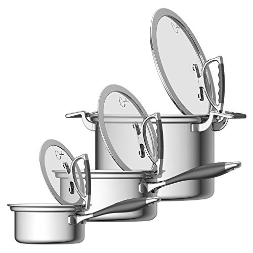CookCraft by Candace 6-Piece Tri-Ply Stainless Steel Legacy Cookware Set featuring Silicone Handles and Glass Lid with Convenient Rim Latch, CCB-7011