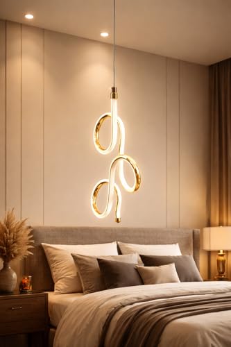 Image of Modern Curved Shape Gold Finish Energy Saving Led Pendant Hanging with 3 Different Color Mode (Warm White, Cool White, Neutral White) for Bedroom, Living Room, Restaurants, Dining, Home