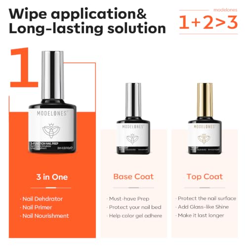 Image of modelones Gel Base Top Coat Set with 3-in-One Nail Dehydrator & Primer | Nourishing Acid Free Dehydrator Nail Prep Kit for Gel Nail Polish Acrylic Nails 3 Pcs