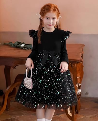 Girl Tulle Dresses Long Sleeve Sequins Girls Tutu Dress Fall Winter Cute Ruffle Holiday Party 4-12Y3