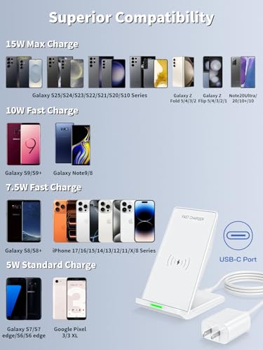 Image of Wireless Phone Charger Stand,15W Fast Android Wireless Charger Station for iPhone 17 /17 Air /17 Pro Max /15 /14 /13, 15W Fast Charging for Samsung Galaxy S23 S22 S21 with 20W USB C Charging Block Adapter