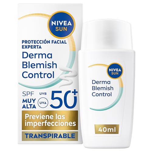 NIVEA SUN - Derma Skin Clear - Fluido Acabado Seco SPF 50+ - Crema solar facial 50 - Licocalcón A y Niacinamida - Protección Solar Anti Imperfecciones y Anti Brillos - Piel Normal y Grasa - 40 ml
