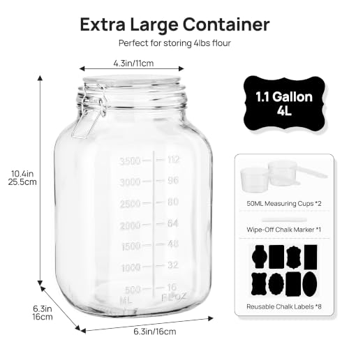 Image of Vtopmart 1.1 Gallon Glass Storage Jars with Airtight Clamp Lids, 2 Pack | 140oz Square Canisters with Wide Mouth, Measurement Marks, Large Food Container for Flour, Sugar, Rice, Pickling, Fermenting