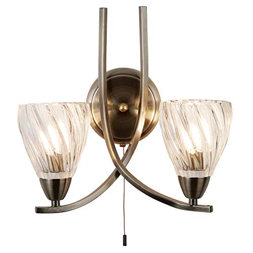 Preisvergleich Produktbild Ascona Ii, 2Flammige Wandhalterung, Verdrehter Antik Messing Rahmen, Verdrehte Klarglas Schirme