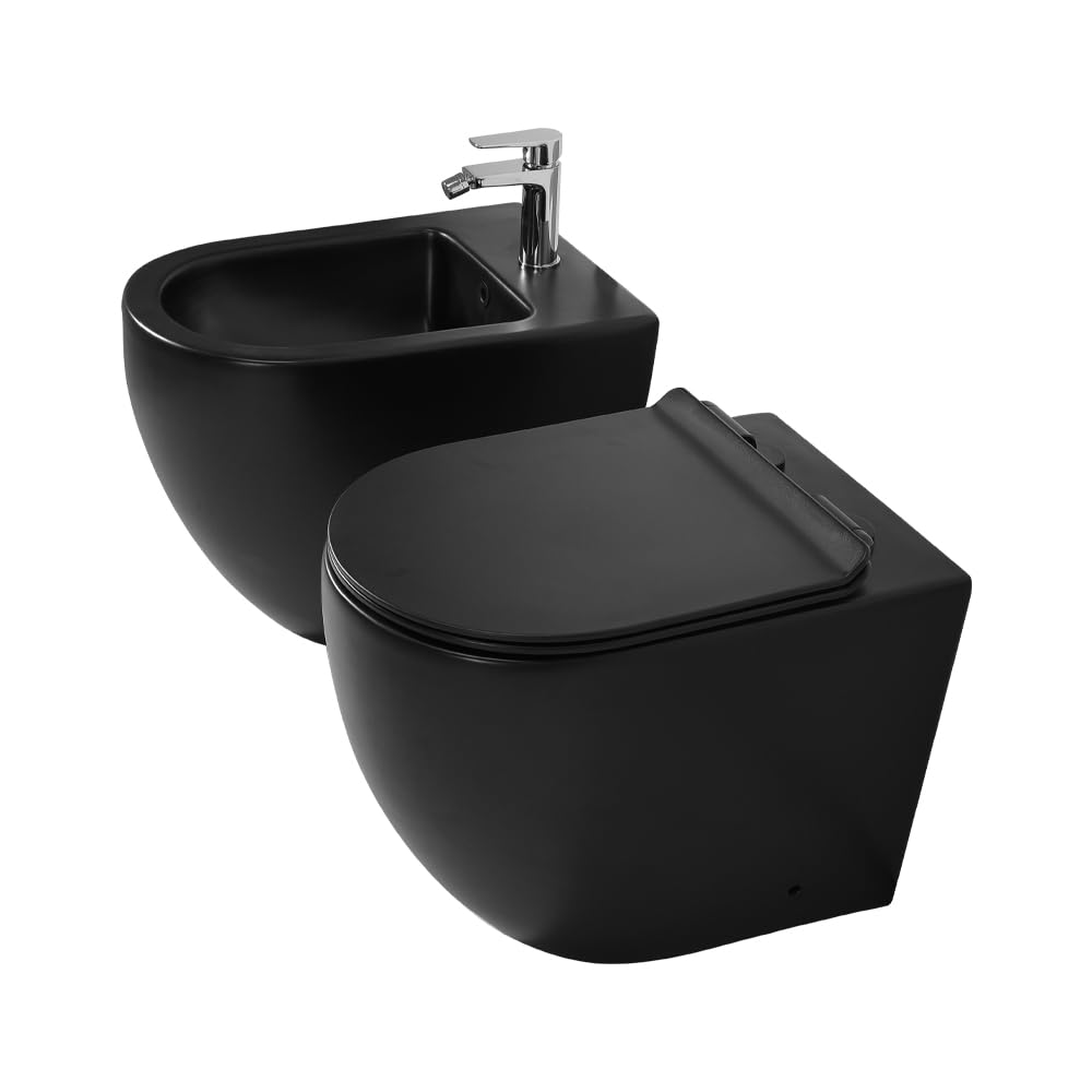 Sanitari Filomuro in Ceramica Nero Opaco con Copriwc Soft Close e Scarico a Tornado – Set WC e Bidet Linea Tokyo Design Moderno