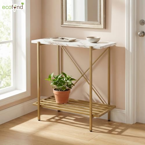 Image of ecofynd 26 Inch 2 Tier Console Table, Metal with Engineered Wooden top for Long Narrow Hallway, Entryway, Living Room, Dining Room, Office, Home Side Table Storage Shelves (WHTGO, CT005)