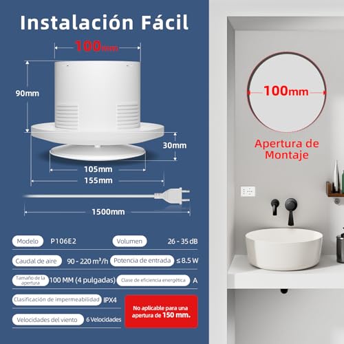 100mm Badlüfter 2 Seitig Wind 6Gang Wind mit Anzeigelicht. Verbesserter Lüftung mit 433 MHz Fernbedienung. 2W Energieeffizienter DC Motor, Einfach Installieren für Badezimmer Waschküche Garage P106E2