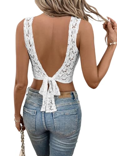 SweatyRocks Women's Country Concert Outfits Tie Backless Lace Crop Top Sexy Going Out Tops Boho Western Outfits White Medium