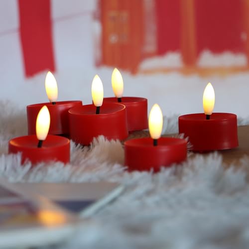 Image of CANDLE CHOICE Battery Operated Flameless Tea Lights Realistic Black Wick Bright Flickering LED Tealight Candles Wedding Table Centerpieces Halloween Christmas Decorations Batteries Incl. 24 Pack Red