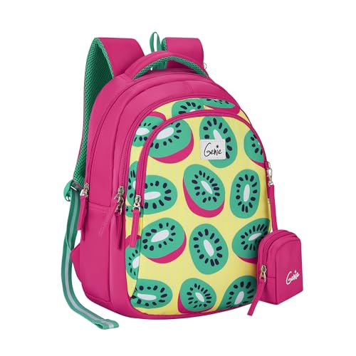 Image of Genie Fruity Kids s, 15 inch Cute, Colourful Bags for Girls, Water Resistant and Lightweight, 3 Compartment with Happy Pouch, 20 Liters, Nylon Twill, Pink School Backpack