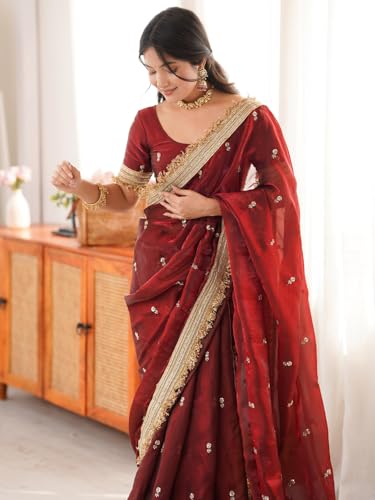 Image of AKHILAM Women's Shimmer Off White Georgette Sequence Embroidery Saree With Unstitched Blouse Piece