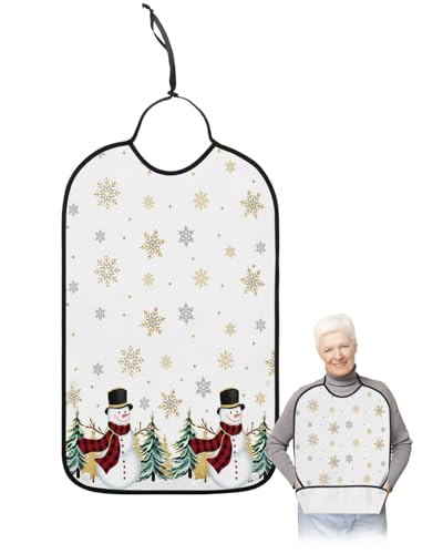 Adult Bibs for Elderly Women - Christmas Waterproof Dining Clothing Protectors with Crumb Catcher for Eating/Feeding, Xmas Snowman Yellow Grey Snowflake Winter Tree Terry Cloth Bib Machine Washable
