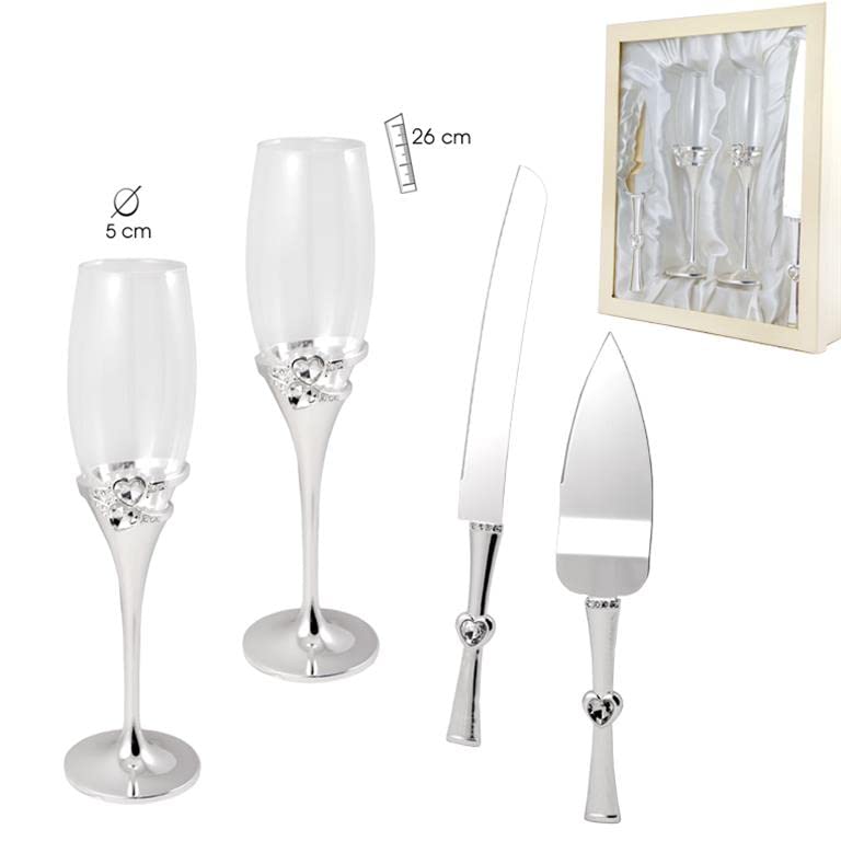 Flûtes à champagne et couverts à gâteau de mariage pour célébrer votre réception de noces