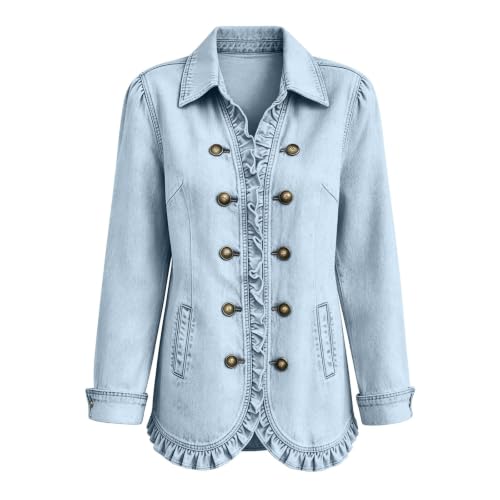 Denim Jacket for Women Ruffles Trim Button Western Oversized Jean Coats - image 3