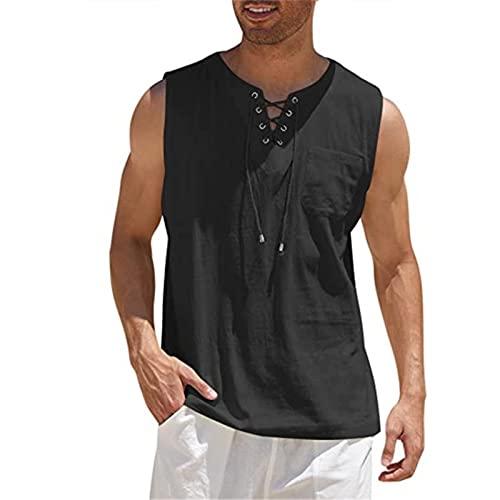 Dihope Leinenhemd Herren Ärmellos Gothic Hemd mit V Ausschnitt Mittelalter Schnürhemd Viktorianisch Stehkragen Freizeithemd Regular Fit Sommerhemd für Männer(Schwarz 3,4XL) Cover
