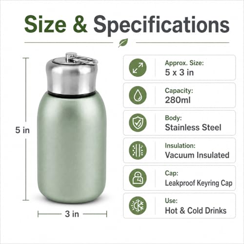 Image of Mini Stainless Steel Vacuum Insulated Water Bottle, 280ml, Black, Leakproof, Hot and Cold, with Keyring Cap (Green)