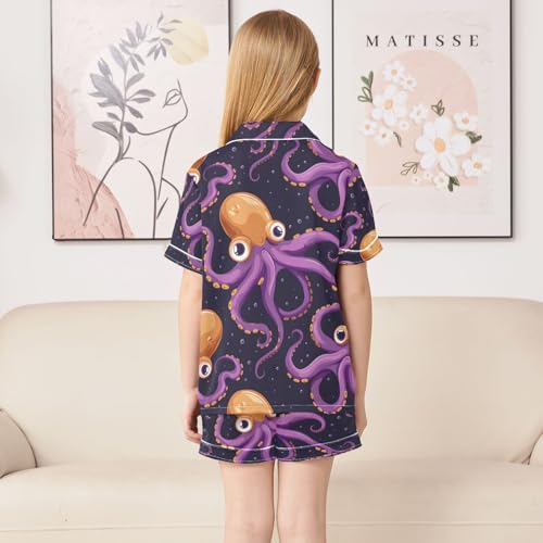 ALAZA Orange Kraken Pajamas Satin Pajama Set Short Sleeve Button Down Sleepwear4