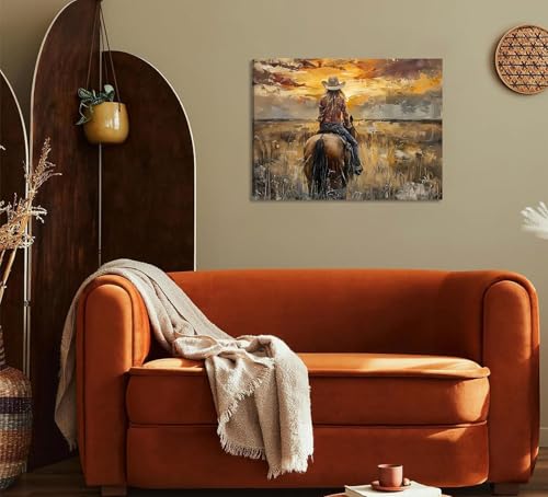 Image of OCRXLYTH Western Cowgirl Riding Horse Canvas Wall Art Cowgirl Wall Decor Pictures Sunset Countryside Landscape Painting Print Vintage Artwork for Living room bedroom country decoration 16x24