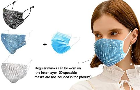 3 PCS Sparkly Rhinestone Face Mask,Bling Face Mask for Women,Fashion Diamond Crystal Masquerade Mask,Glitter Face Mask for Christmas Halloween Party Nightclub for Girls