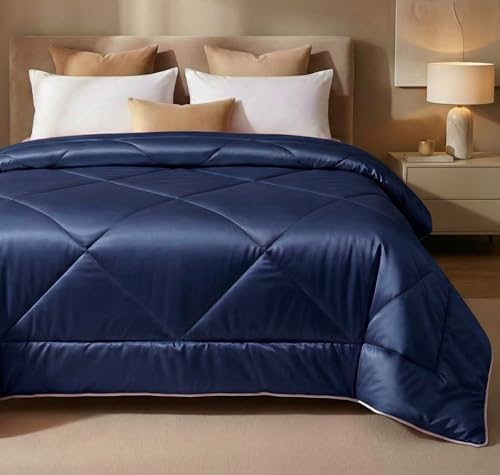 Image of SANMARINO 280 GSM Satin Silk AC Comforter for Single Bed (60 x 90 inches /152 x 228 cm), All Season Solid Reversible Blanket | Ultra Soft Lightweight Breathable Quilt, Glossy Finish - Royal Navy Blue