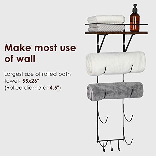 Elyken Wall Towel Rack For Rolled Towels, Hanging Towel Storage For Small Bathroom, Metal Towel Holder With 1.8” Guardrail Shelf And 3 Hooks For Rv, Hotel Organizer Shelves, Rustic Brown #TOP1