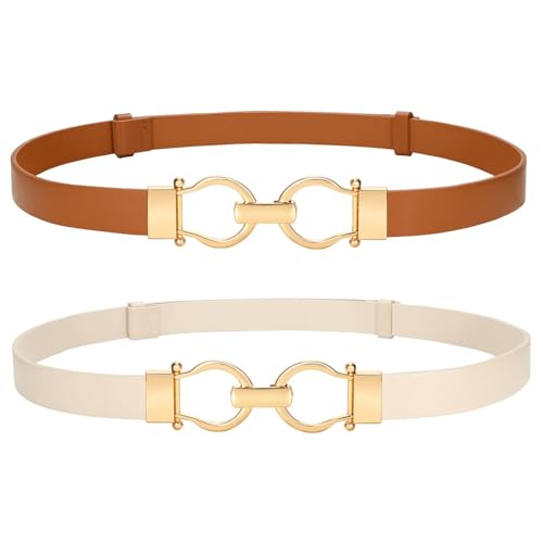 2 Pack Women's Genuine Leather Belt Skinny Waist Belt with Gold Buckle