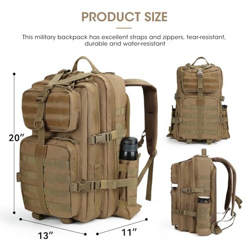 Image of REEBOW GEAR Military Tactical Backpack for Men 3 Day Survival Bag Tan | 40-45L Large Bag, Bottle Holder On the Side, MOLLE, for Outdoor Sports Hunting Hiking, Daypack Bug Out Rucksack Work Bag