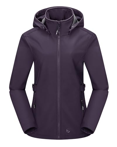 Outdoor Ventures Damen Softshelljacke Kurze Gefütterte Funktionsjacke Wasserdichte Übergangsjacke mit Abnehmbarer Kapuze Regenjacke Outdoor Regenmantel Softshellmantel für Wandern Laufen Lila 2XL