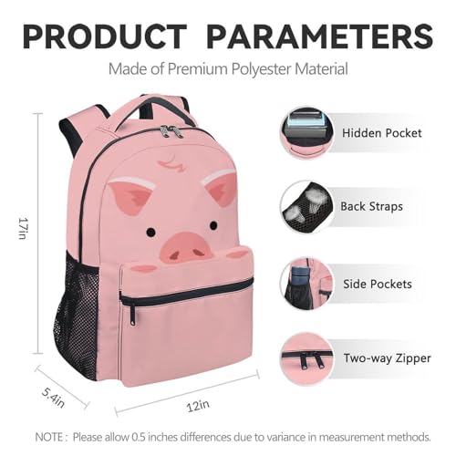 Kids Backpack for School, 17 Inch Cute Pig Backpacks for Girls 4-6, Pink Large Capacity Animal Bookbag for Travel, Middle School4
