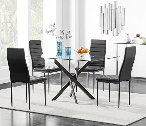 Image of 5 Piece Dining Table Table Set, Tempered Glass Dining Table Set for 4 Kitchen Table Set with 4 Upholstered High-Back Chairs for Kitchen Dining Room (Black Table with Black Chair)