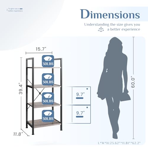 Image of DUMOS 4 Tiers Open Bookshelf, Classic Freestanding Tall Display Shelf, Multifunctional Storage Organizer Rack for Living Room Home Office, Sturdy Bookcase for CDs /Books /Movies, Wood Grey