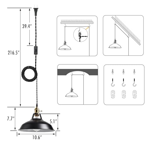 Image of YUBOLE Industrial Plug in Pendant Light, Black Farmhouse Barn Light