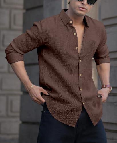 Image of NexaFlair Men's Shirt Regular Fit Solid Pattern Linen Cotton with Long Sleeve Collared Neck Standard Length and Button Down Closure Type | Mens Casual Shirts | Man's Formal Shirts