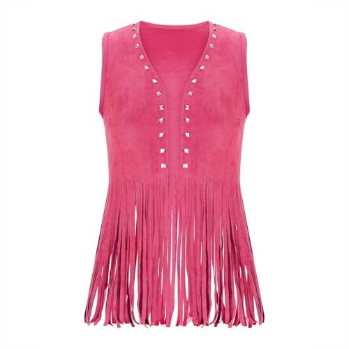 Women Fringe Vest Tops Vintage Western Classic Faux Suede Leather Open Front Sleeveless Cardigan 70s Cowboy Jacket4